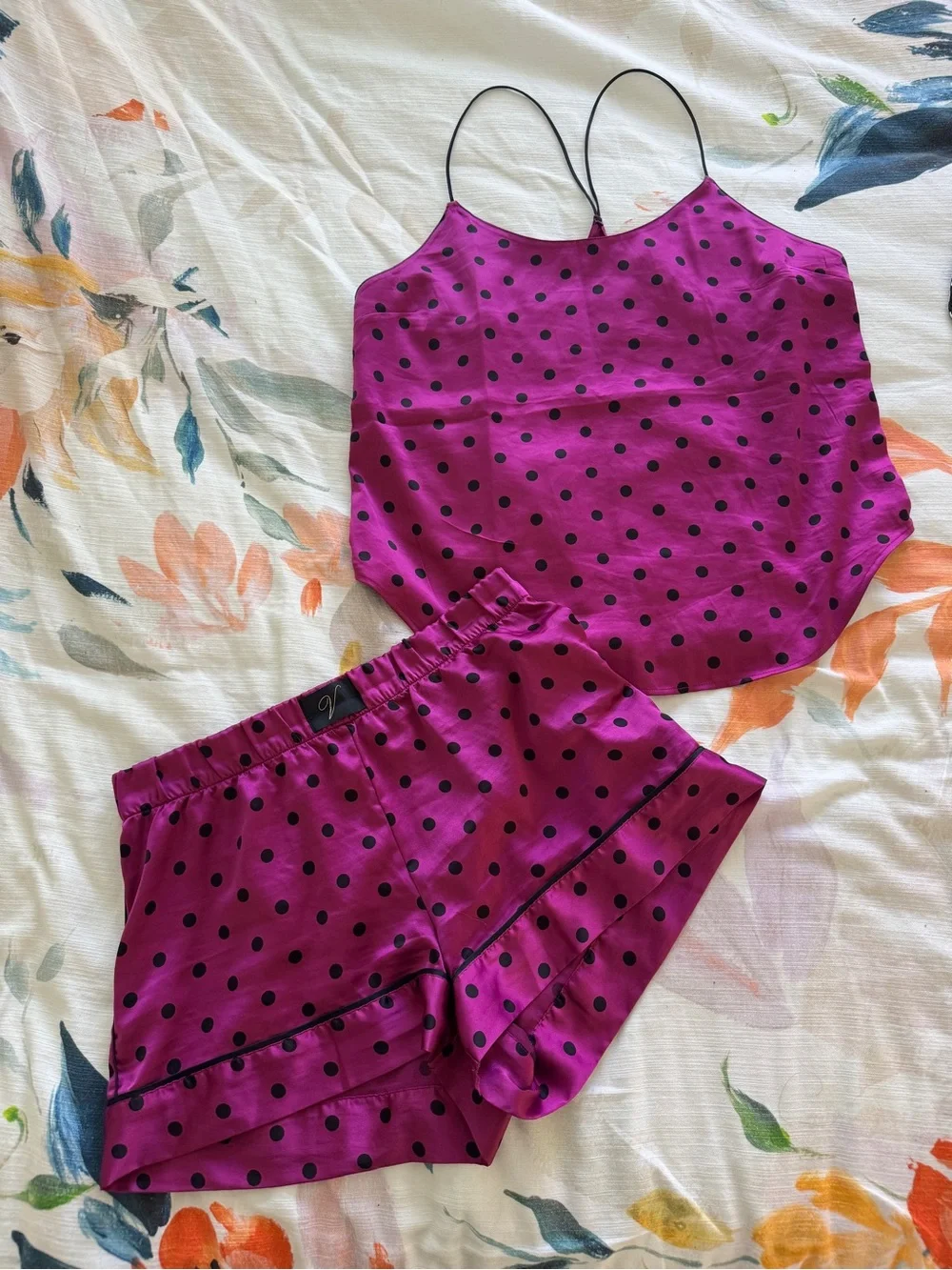 Victoria's Secret Magenta & Black Polka Dot Satin Cami & Shorts Set